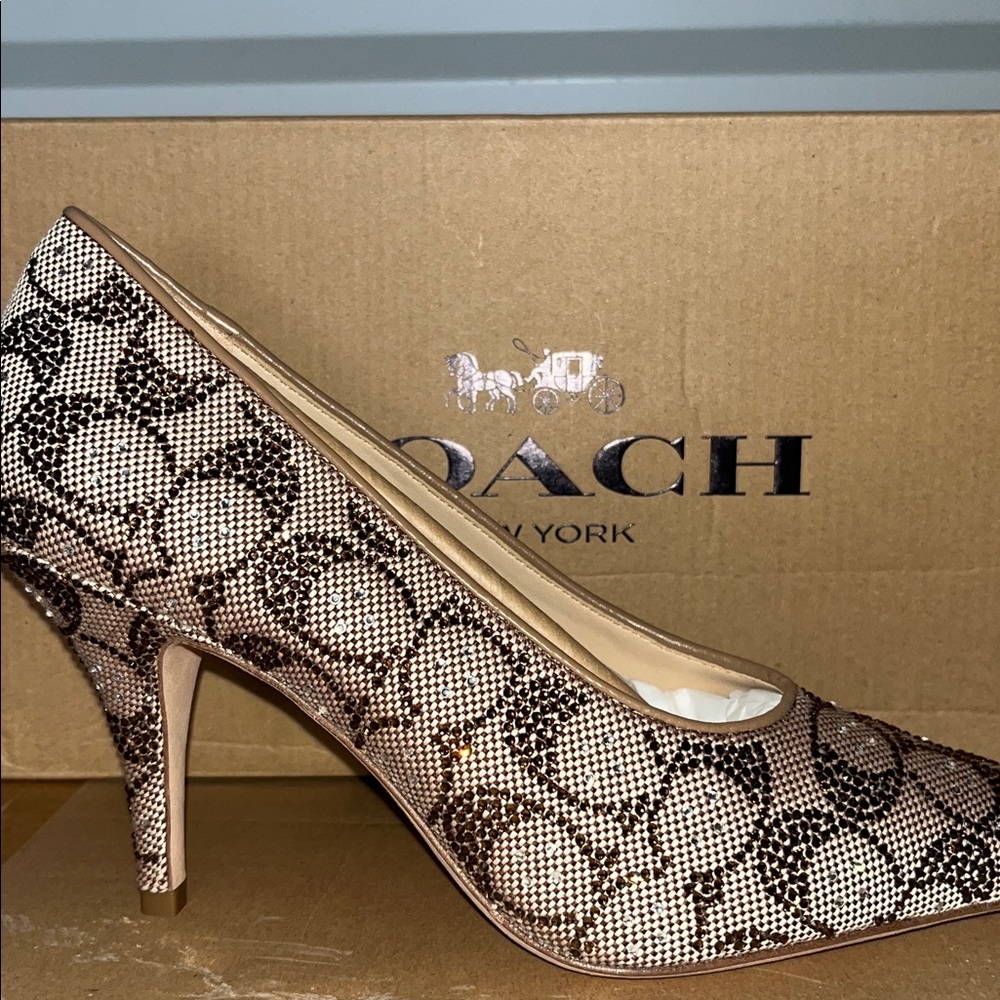 Coach Crystal-Embellished Signature Pointed-Toe Pumps in Beige and Brown - Picture 4 of 5